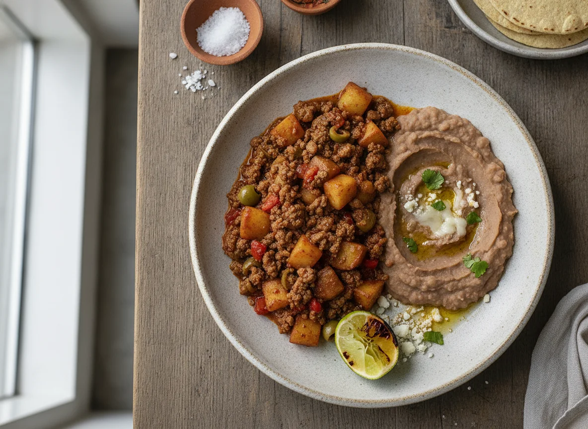 Picadillo con papas y frijoles refritos photo