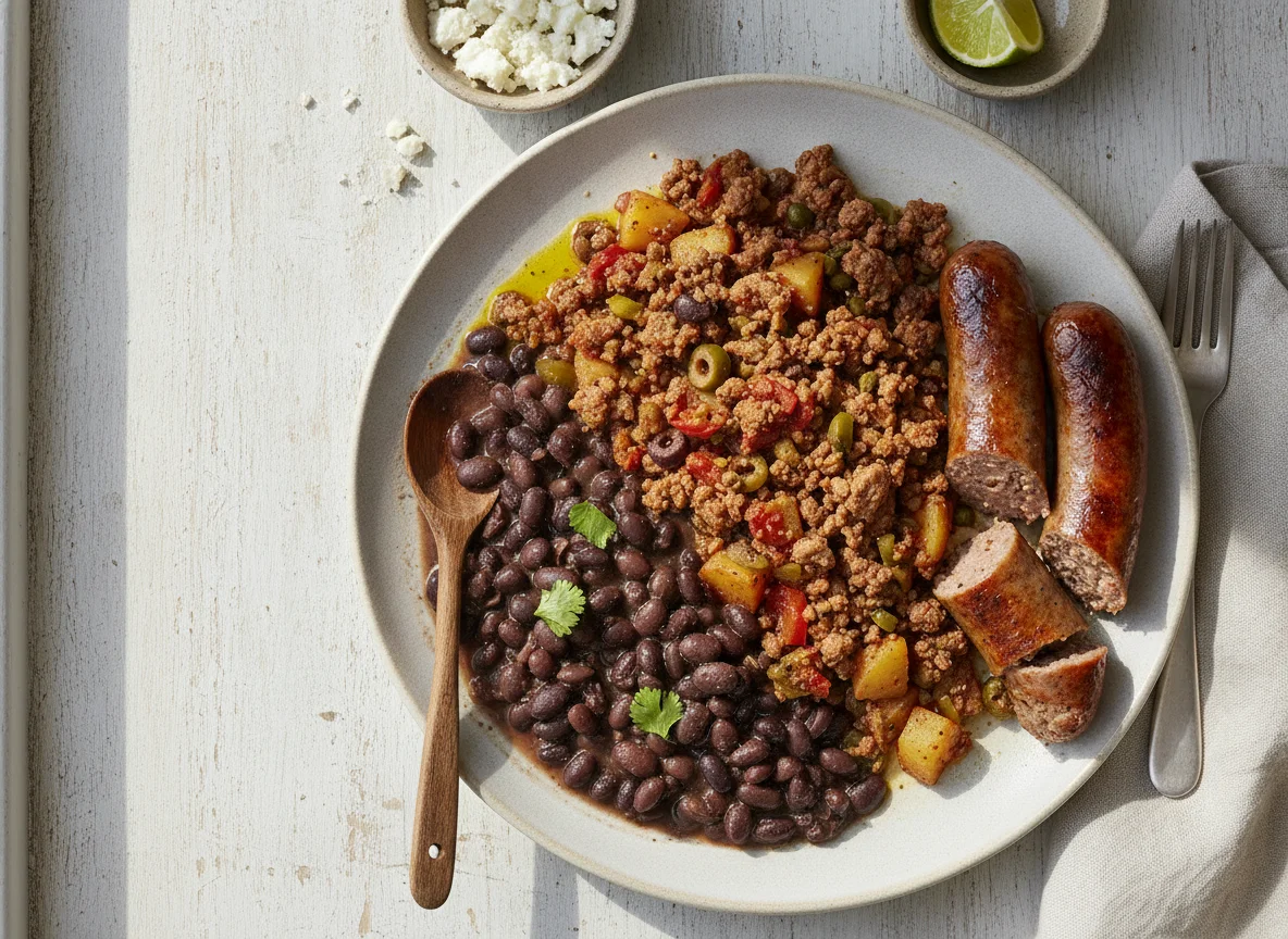 Picadillo con patatas, frijoles negros y salchichas photo