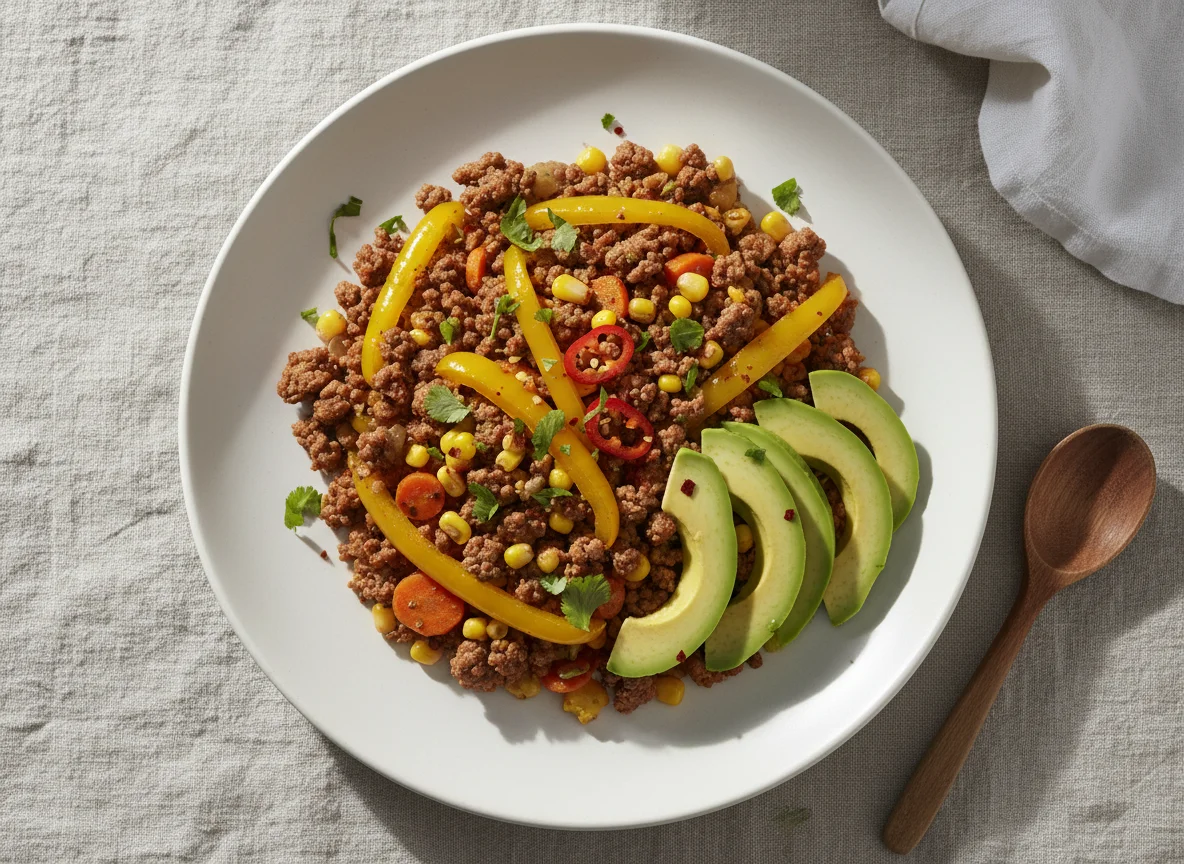 Picadillo con pimientos y aguacate photo