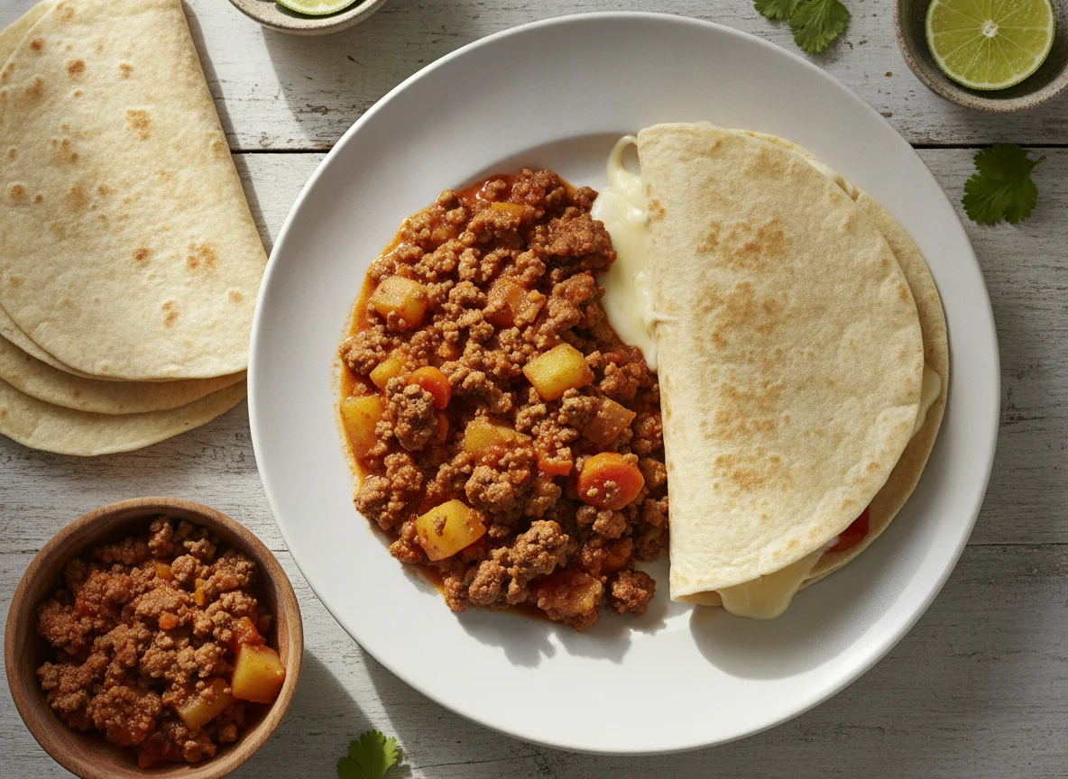 Picadillo con tortillas de harina y quesadilla photo