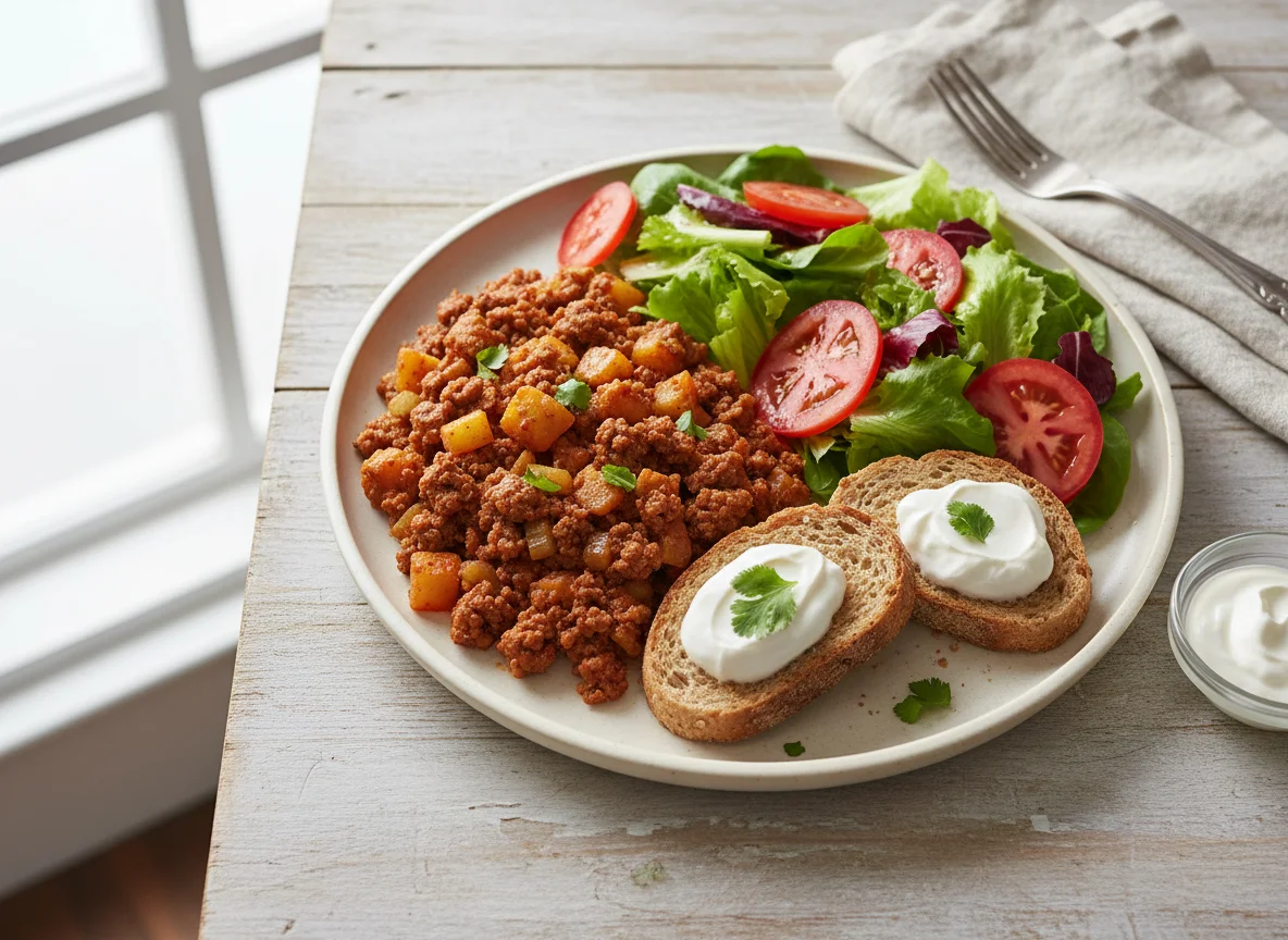 Picadillo con tostada y ensalada photo