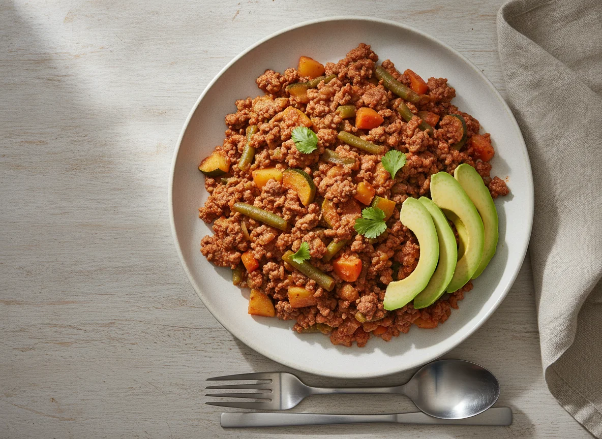 Picadillo con verduras y aguacate photo