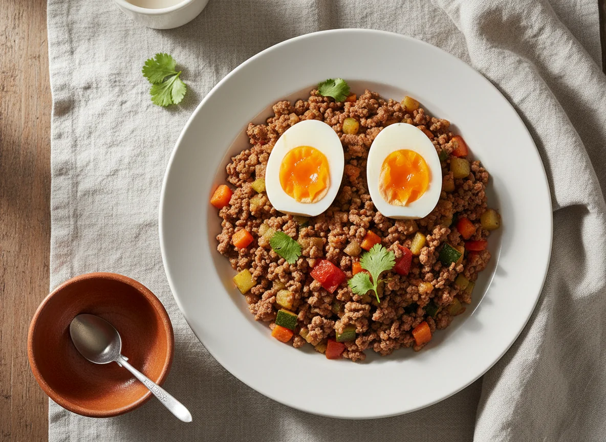 Picadillo con verduras y huevo cocido photo