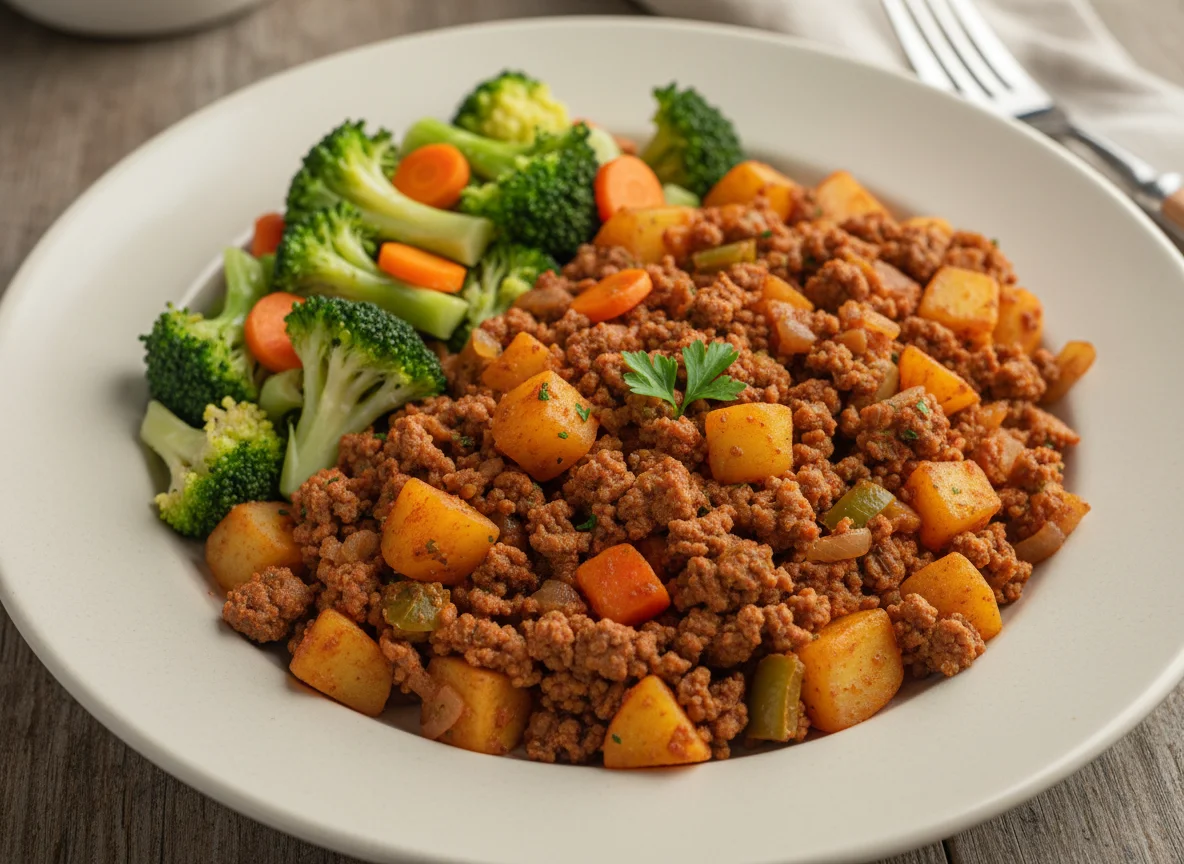 Picadillo de carne con papas y ensalada de brócoli photo