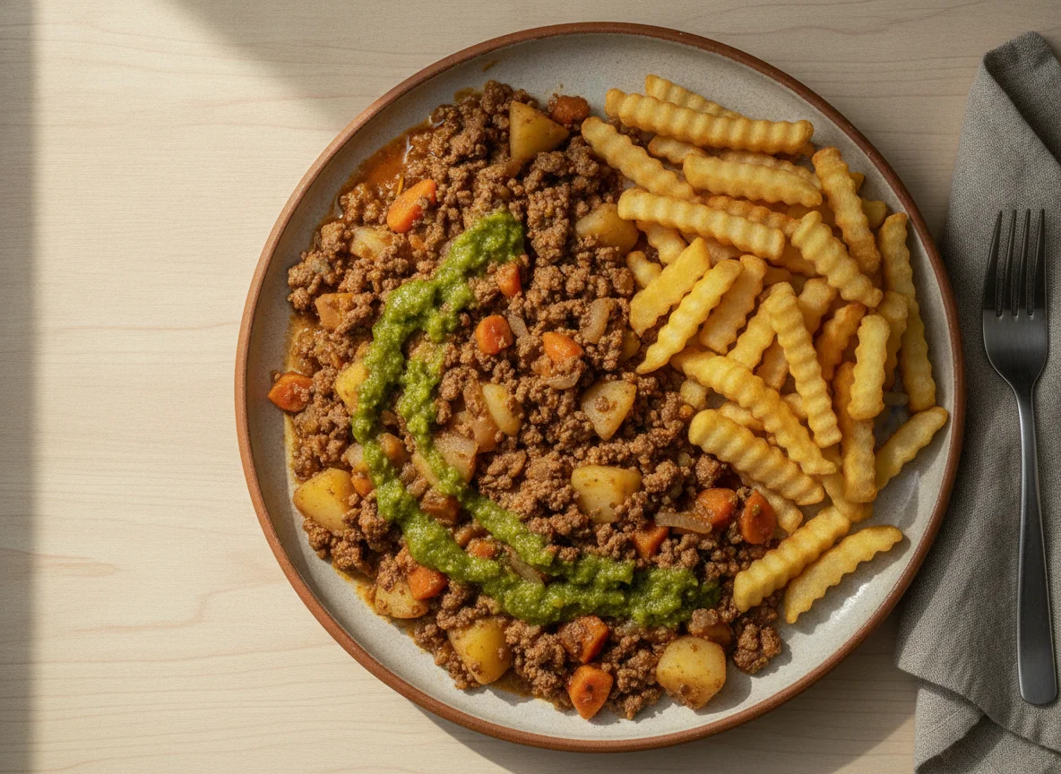 Picadillo de carne con papas y papas fritas photo