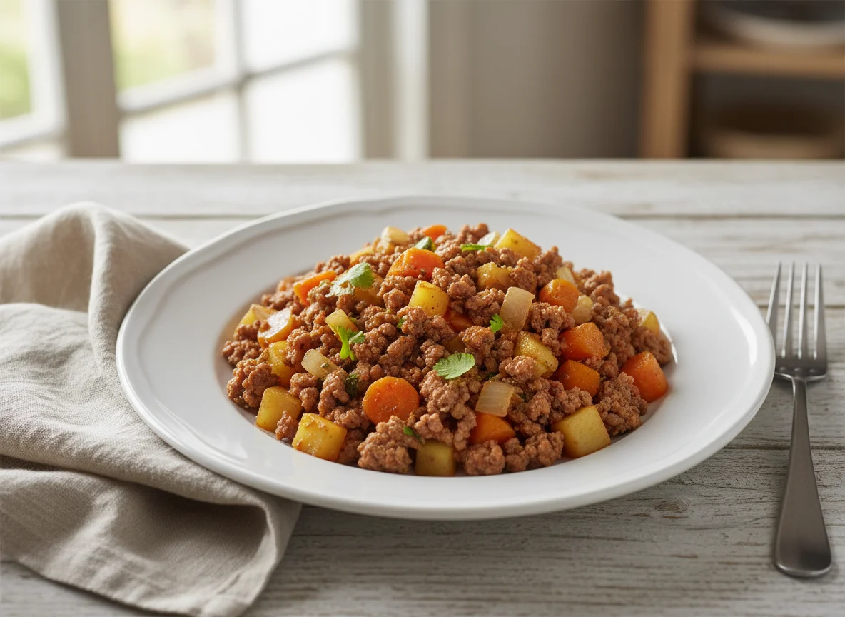Picadillo de carne con papas y zanahorias photo