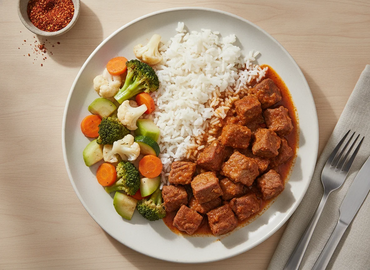 Picadillo de carne con vegetales y arroz photo