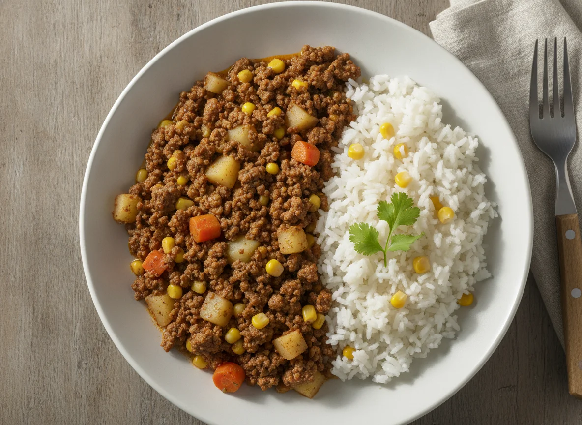 Picadillo de res con arroz blanco y elote photo