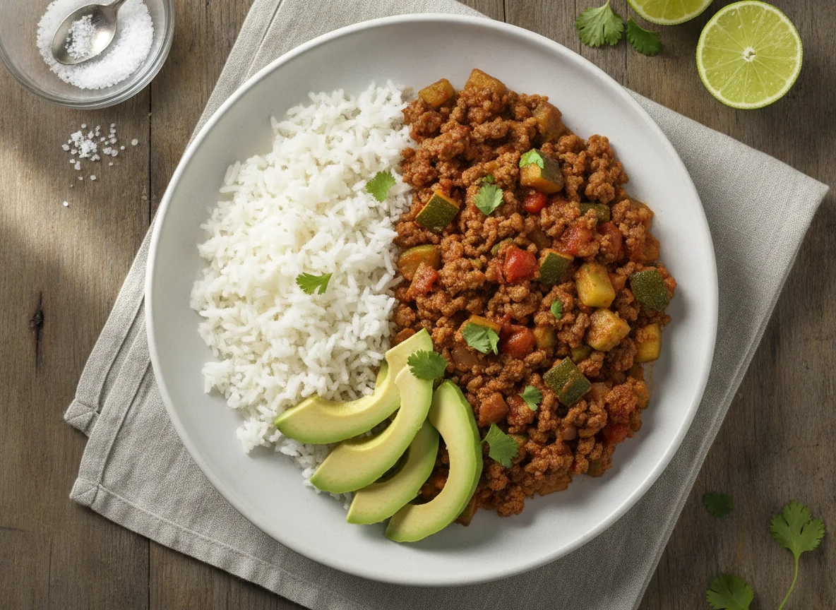 Picadillo de res con calabacitas, arroz blanco y aguacate photo