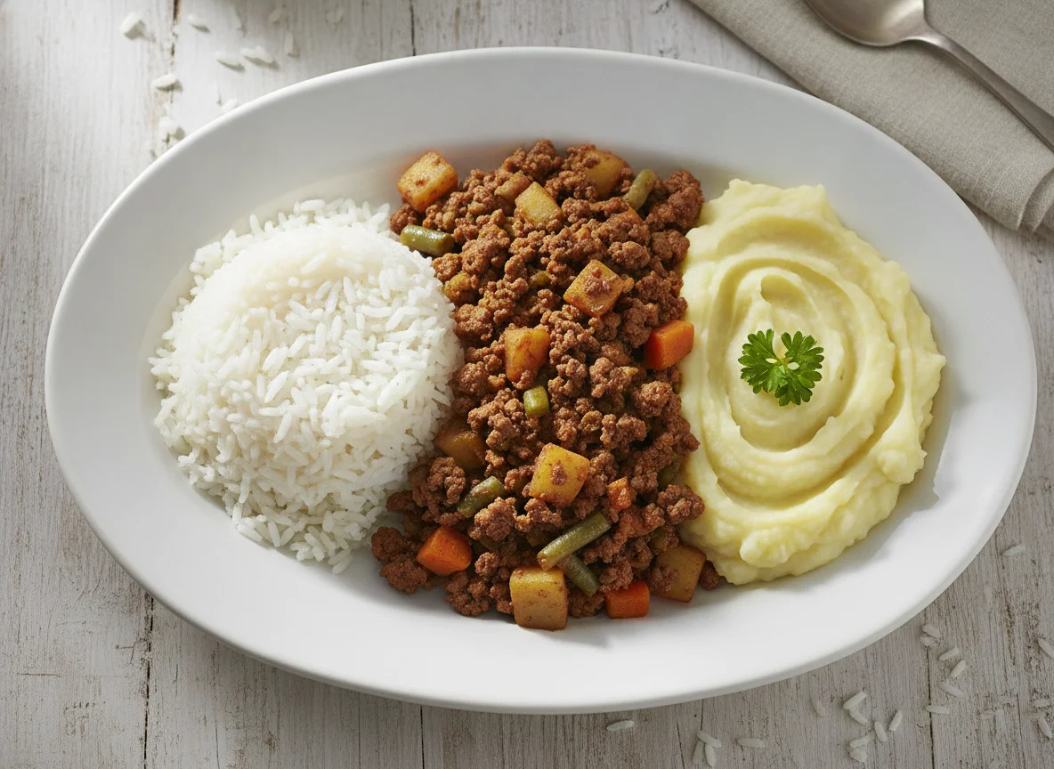 Picado de carne con arroz y puré de papa photo