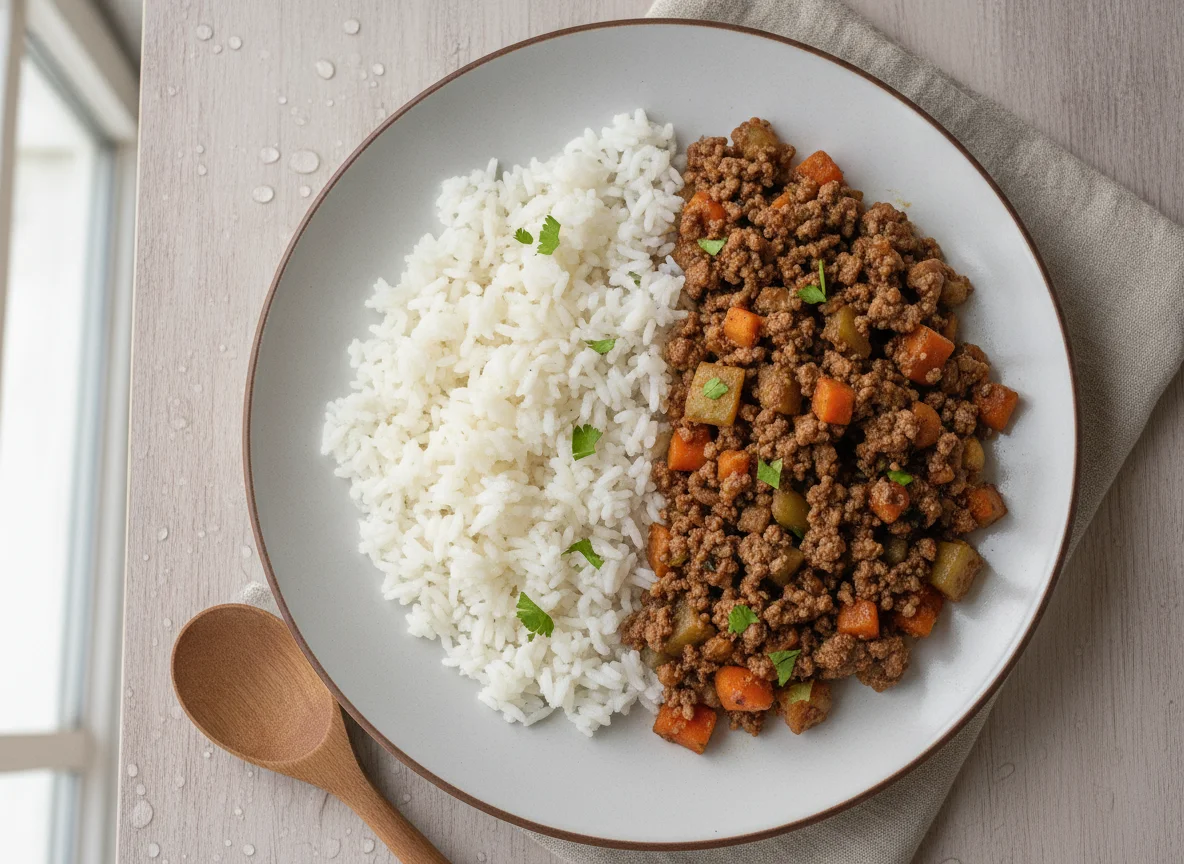 Picado de carne con verduras y arroz blanco photo