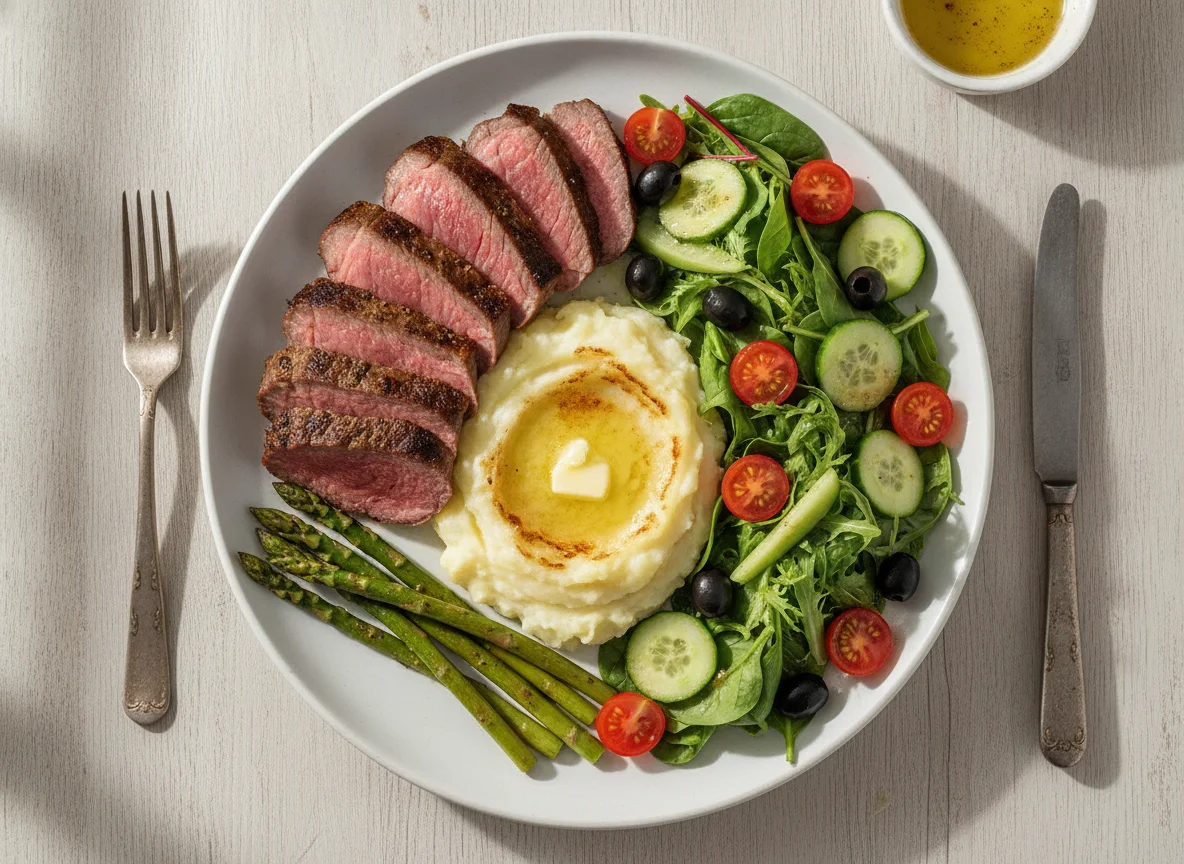 Picaña de res con ensalada, espárragos y puré de papa photo