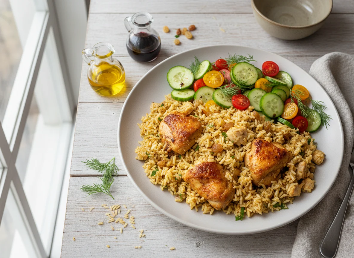 Pilaf casero con pollo y ensalada de verduras photo