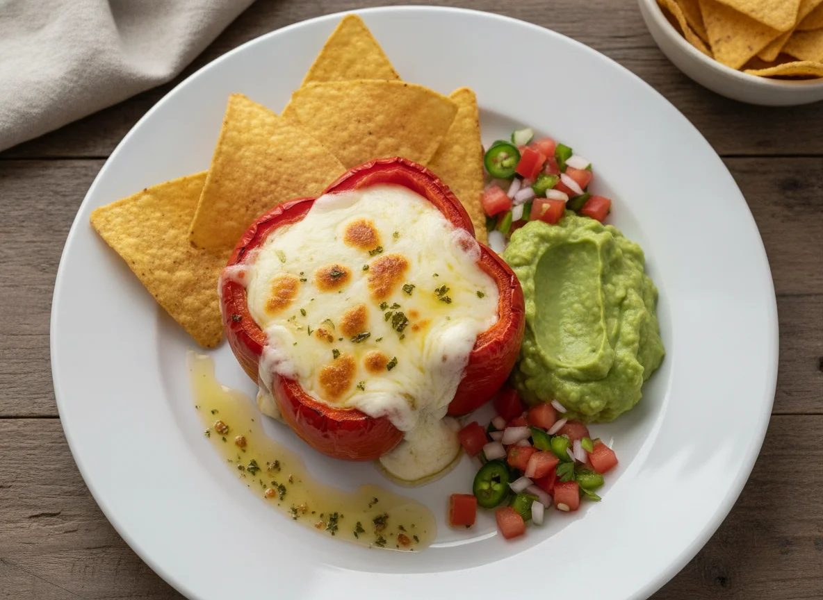 Pimiento relleno con totopos y guacamole photo