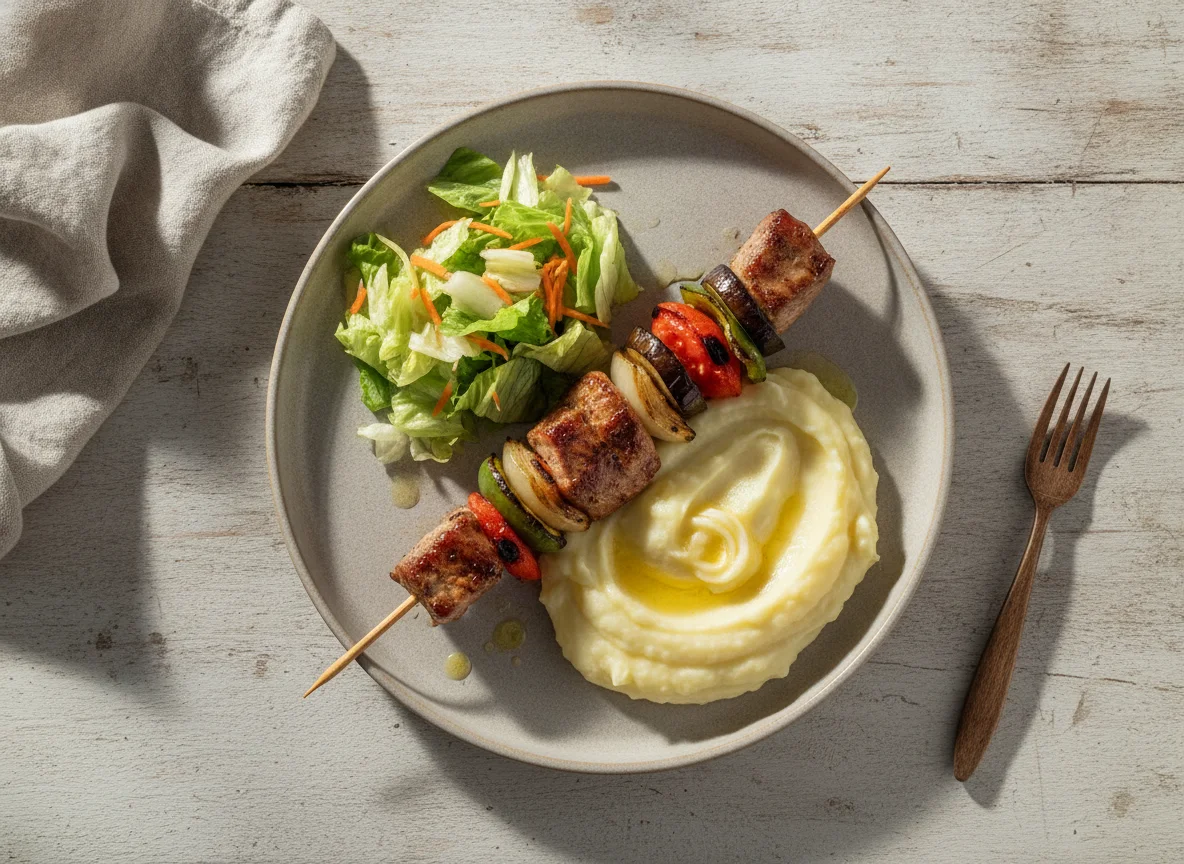 Pincho de cerdo con vegetales y puré photo