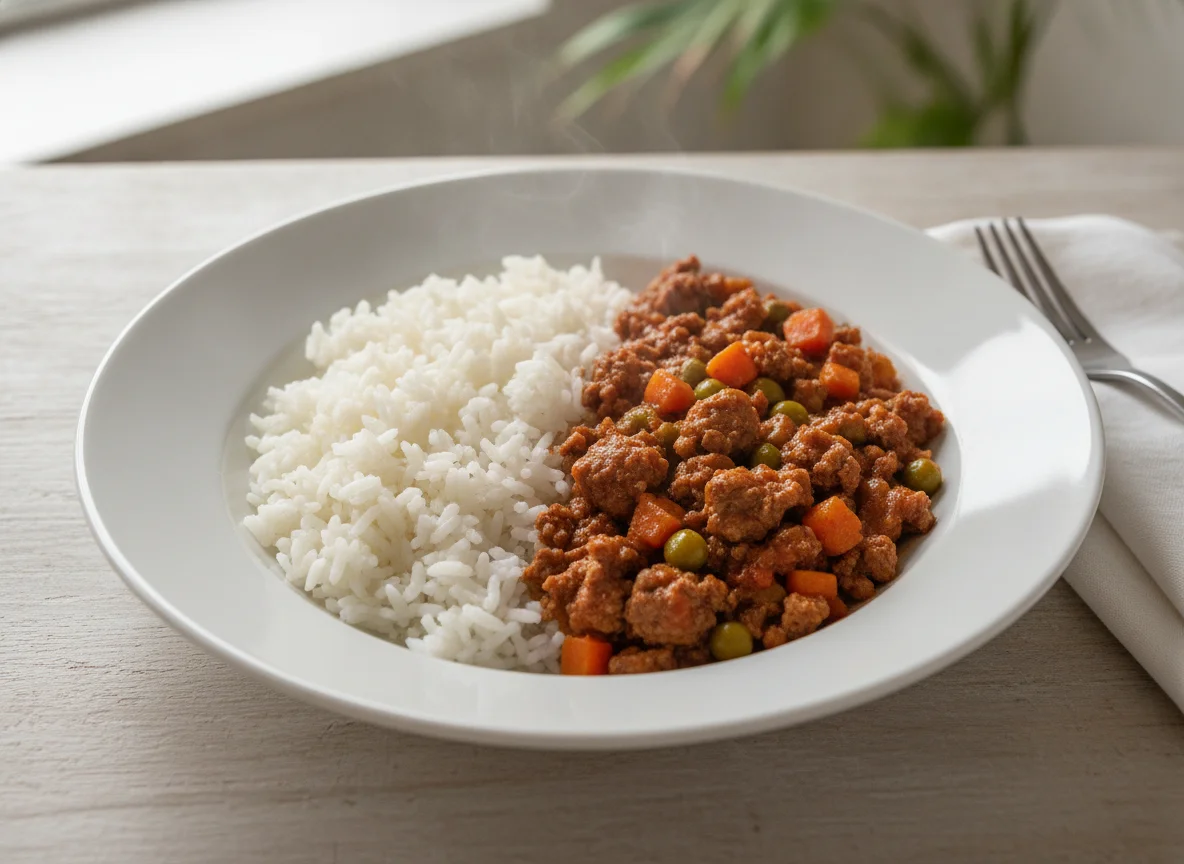 Pino de carne con arroz blanco photo