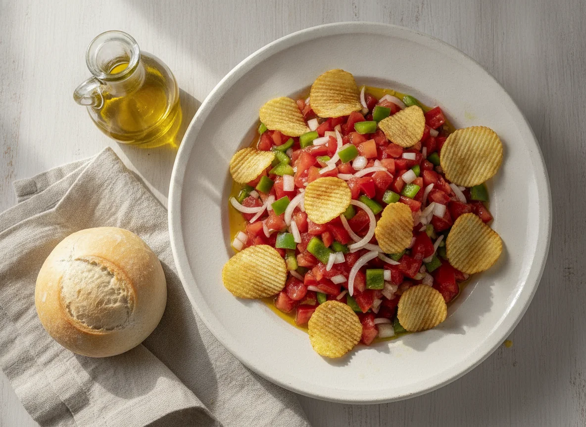 Pipirrana con patatas fritas y pan photo