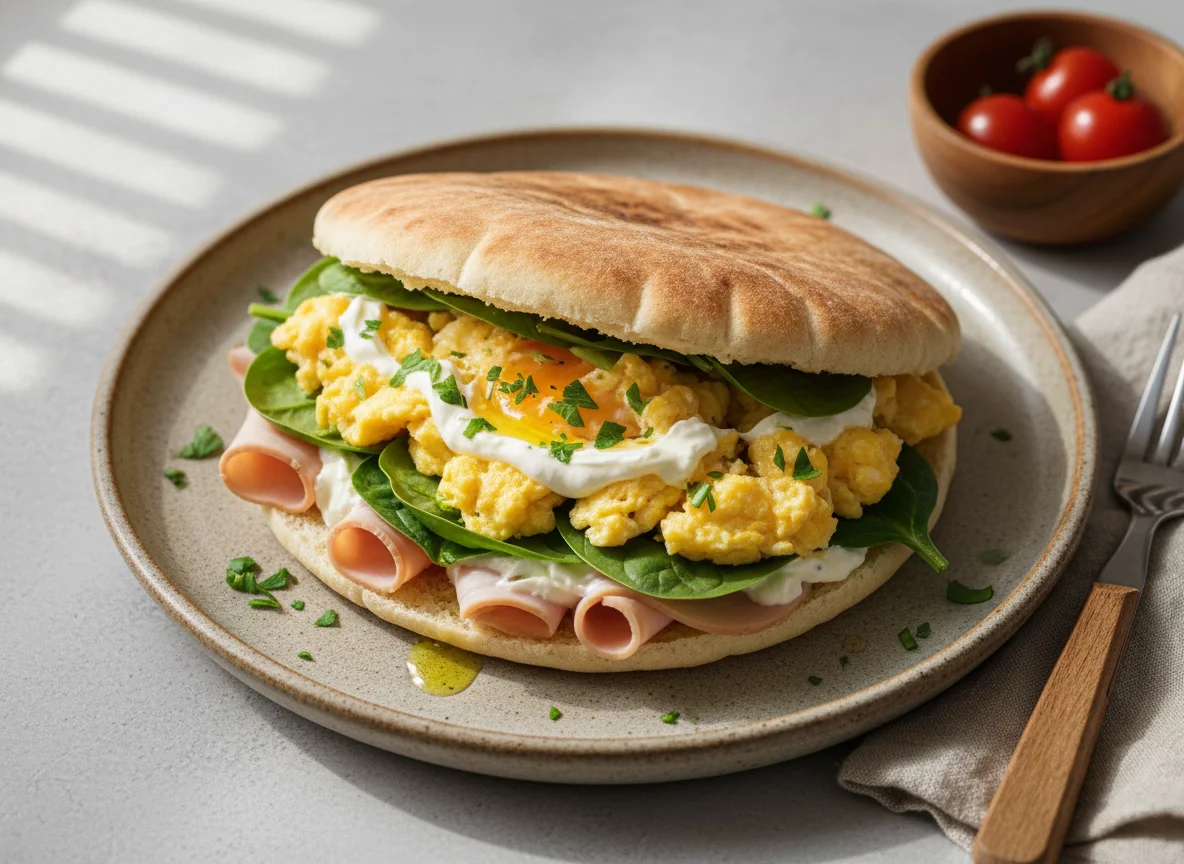 Pita con huevo, espinacas, jamón y queso crema photo
