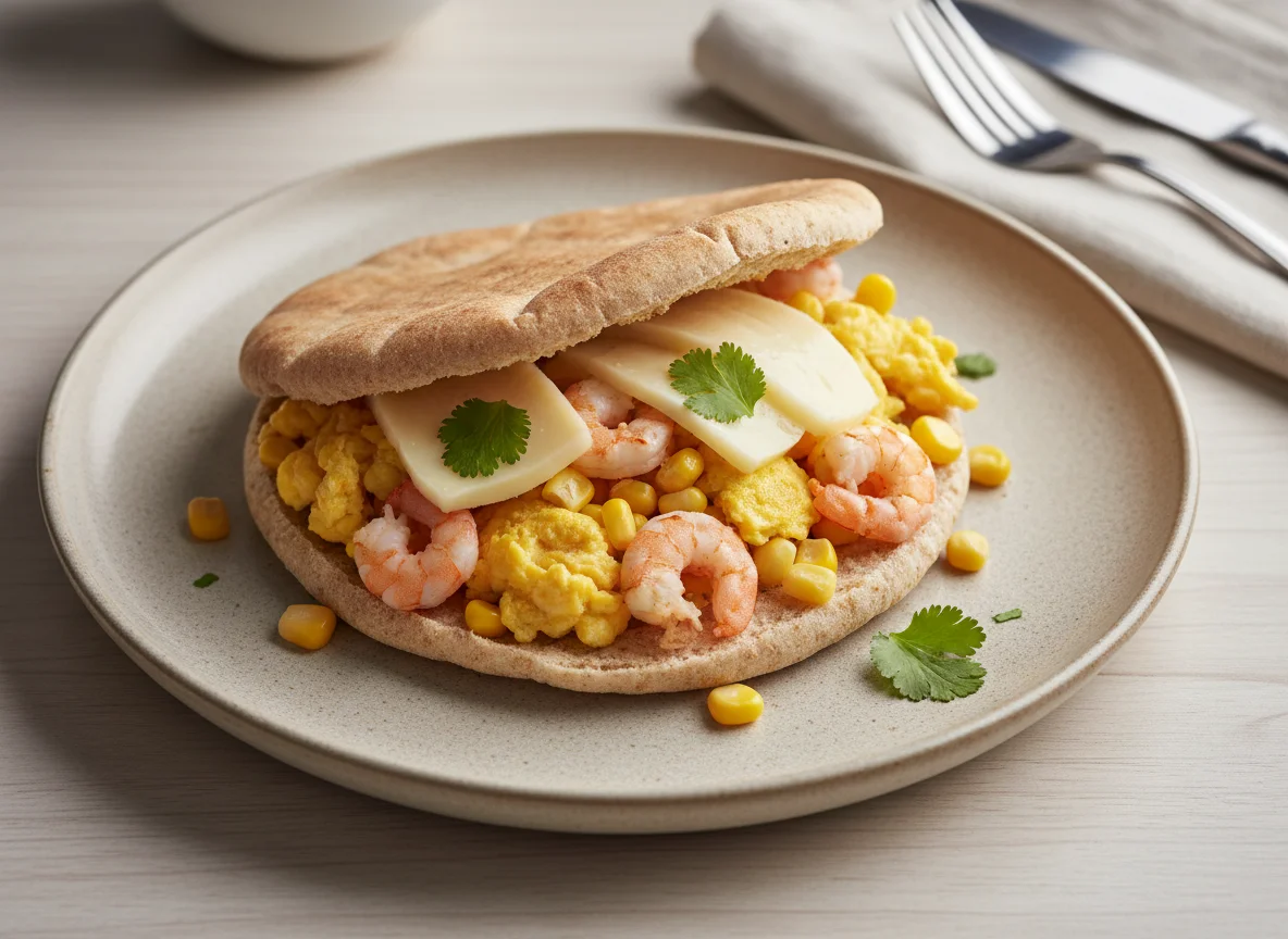 Pita con huevos revueltos, gambas y queso photo