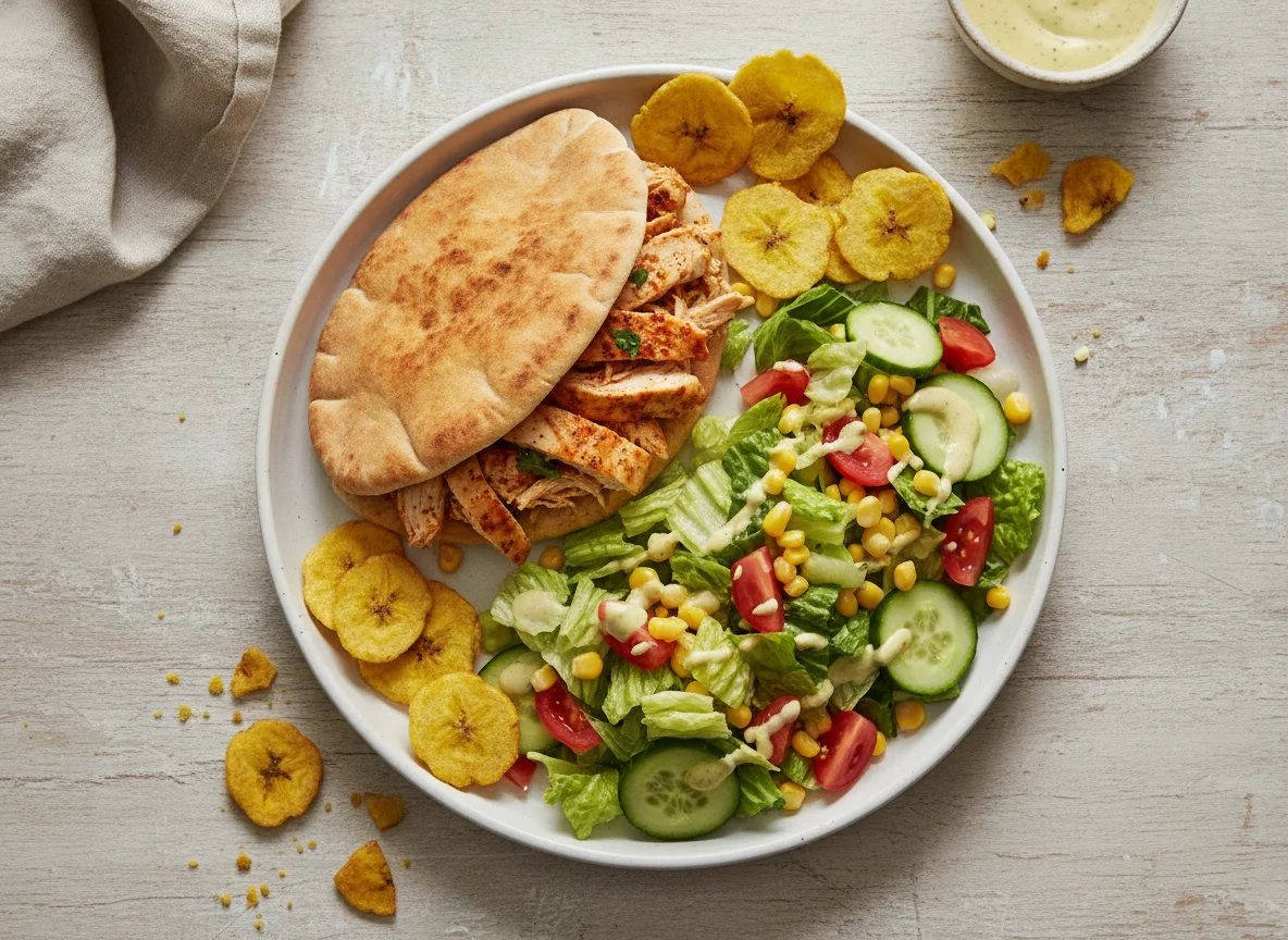 Pita de pollo con ensalada y chips de plátano photo