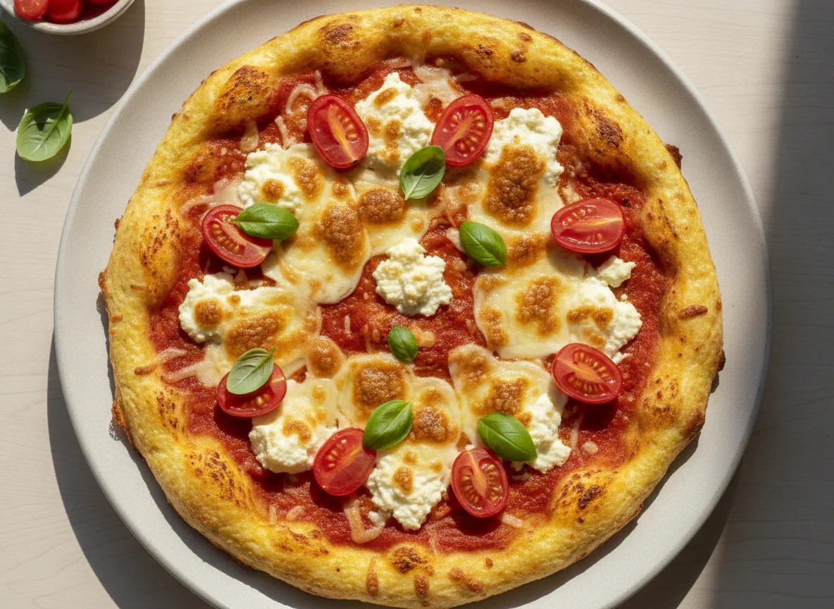 Pizza alta en proteínas con base de huevo y queso cottage photo