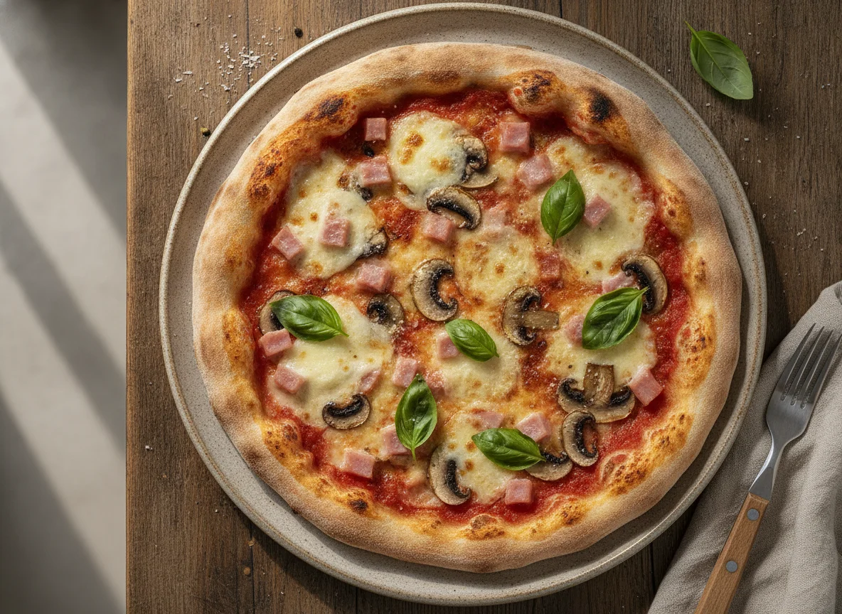 Pizza artesanal con jamón, champiñones y albahaca photo