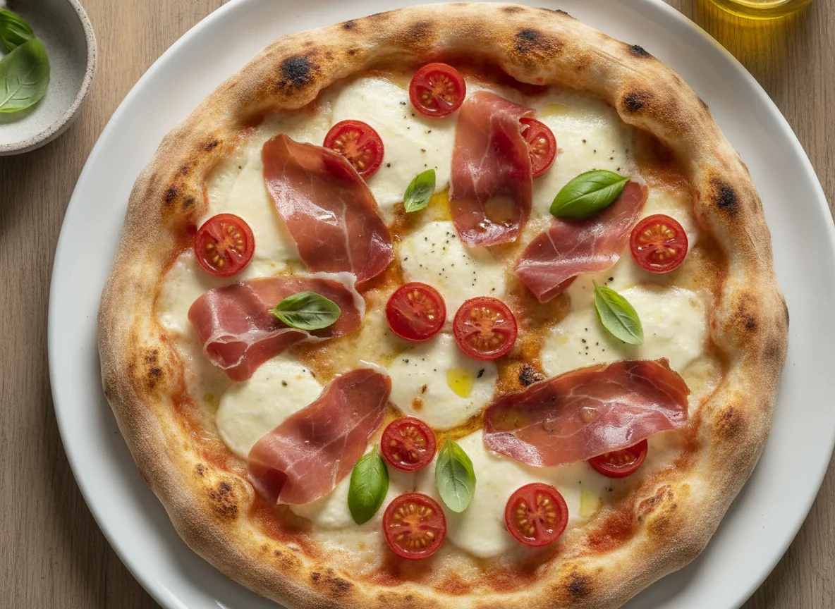 Pizza artesanal con jamón serrano y mozzarella photo
