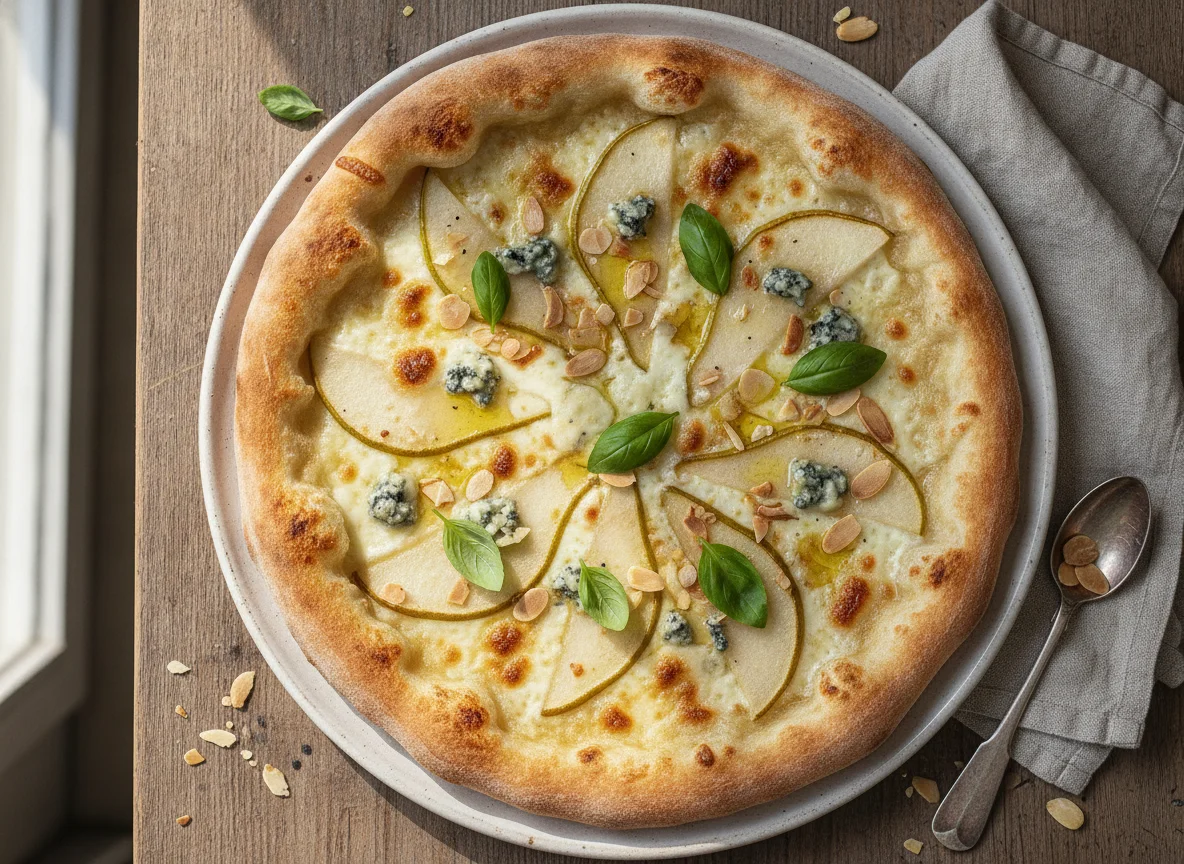 Pizza artesanal con pera y queso azul photo