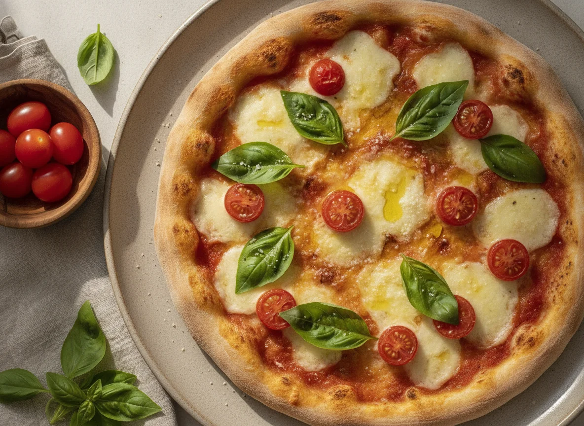 Pizza artesanal con tomate y albahaca photo