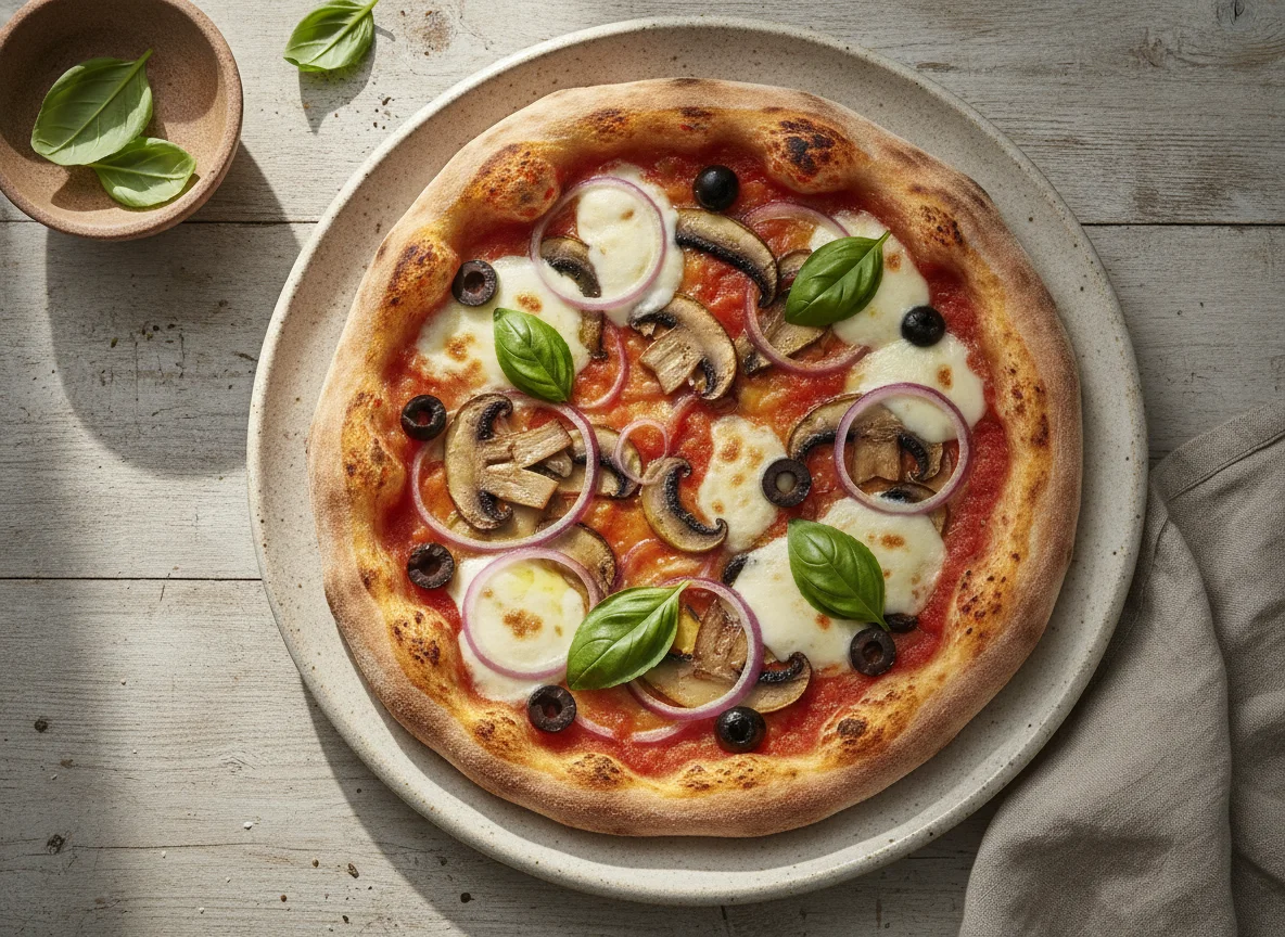 Pizza artesanal con vegetales y albahaca photo