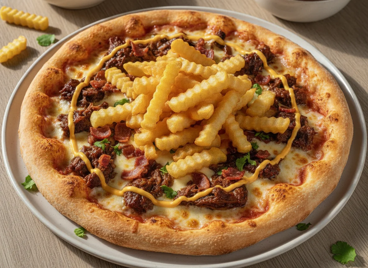 Pizza barbacoa con patatas fritas photo
