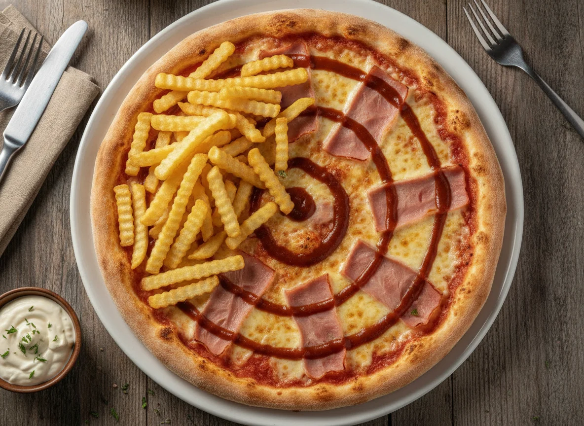 Pizza barbacoa con patatas fritas y alioli photo
