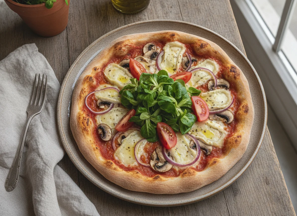 Pizza casera con canónigos, champiñones y cebolla roja photo