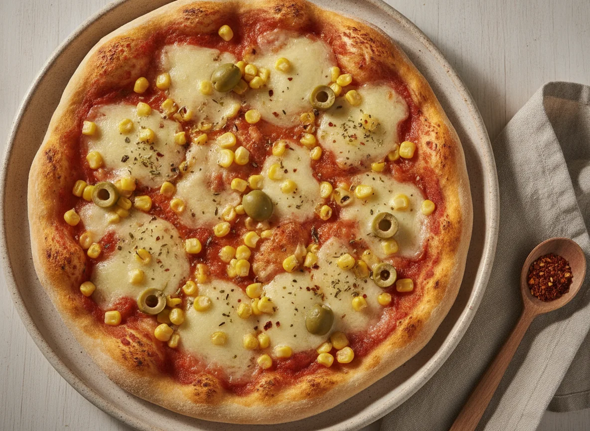 Pizza casera con choclo y aceitunas photo