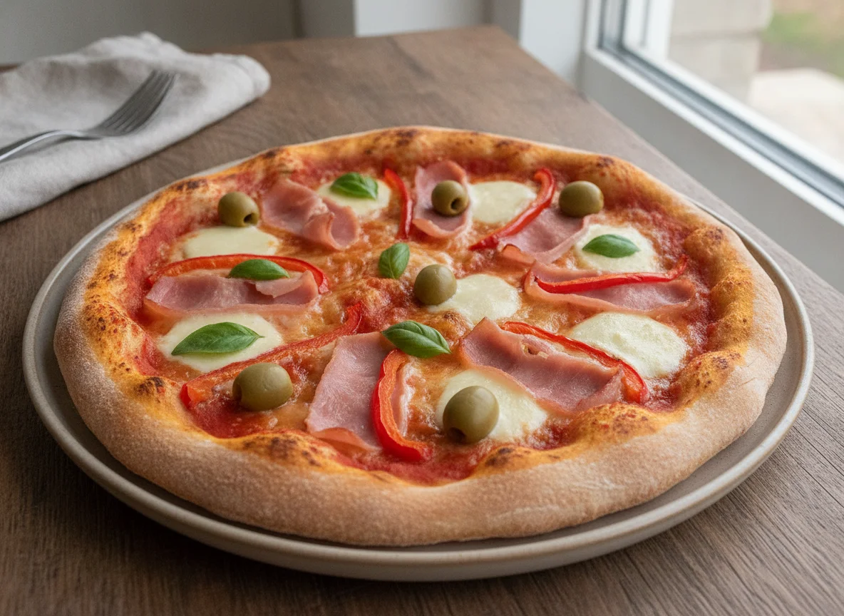 Pizza casera con jamón, morrones y aceitunas photo