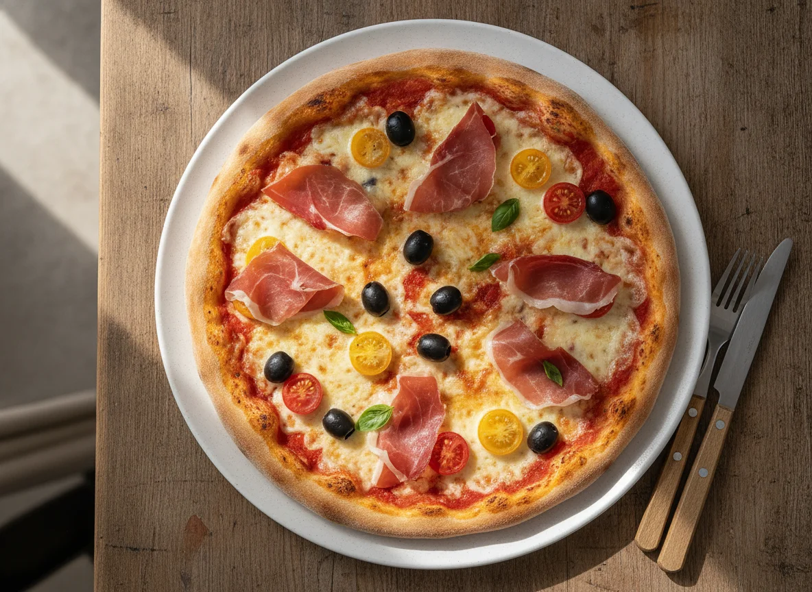 Pizza casera con jamón serrano, tomates cherry y aceitunas negras photo