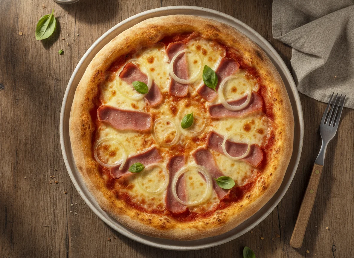 Pizza casera con jamón y cebolla photo