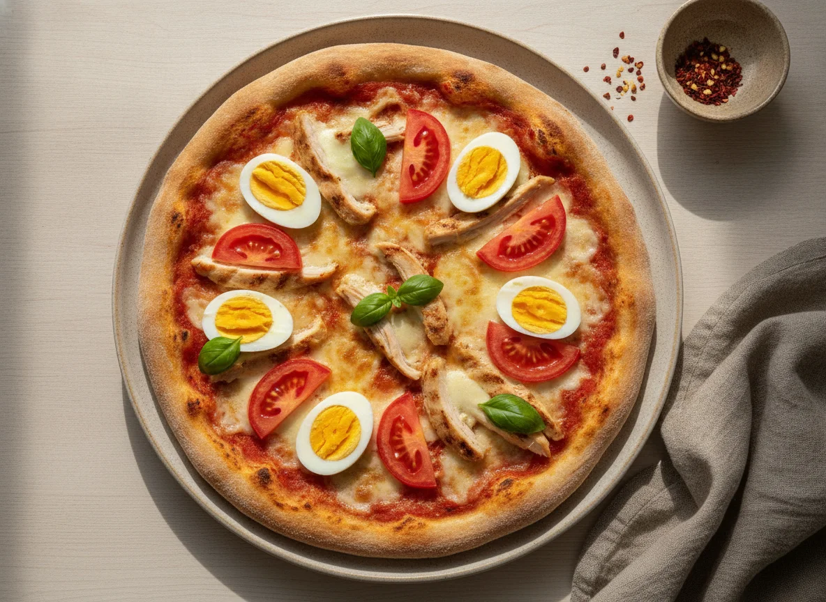Pizza casera con pollo, huevo y tomate photo
