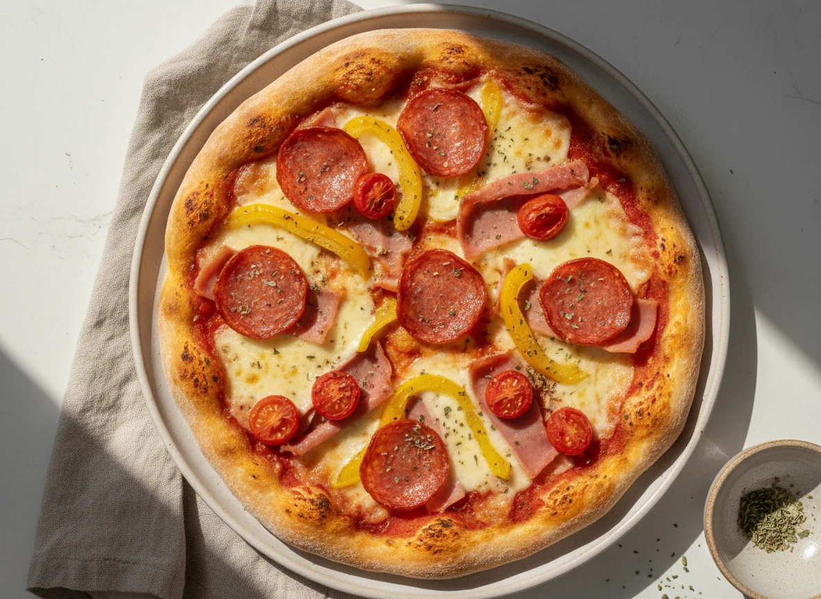 Pizza casera con salame y vegetales photo