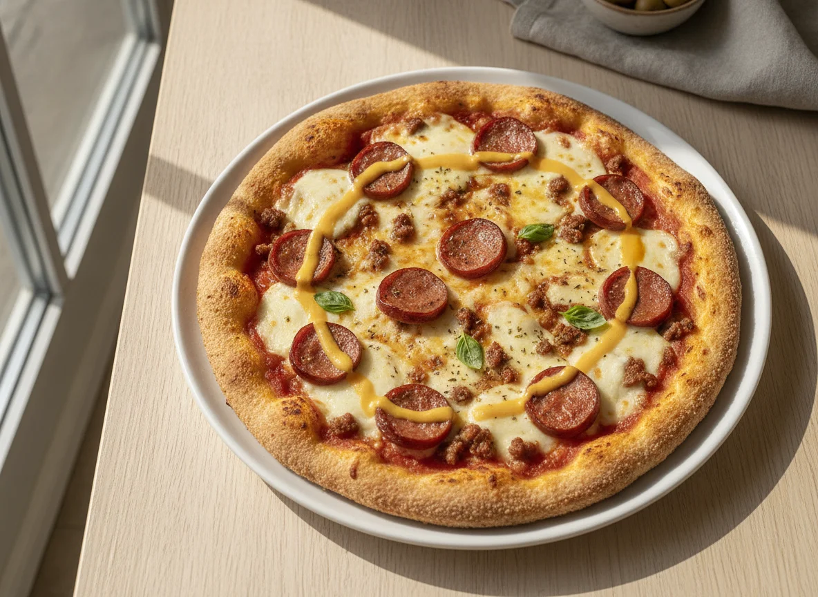 Pizza casera con salchicha y carne molida photo