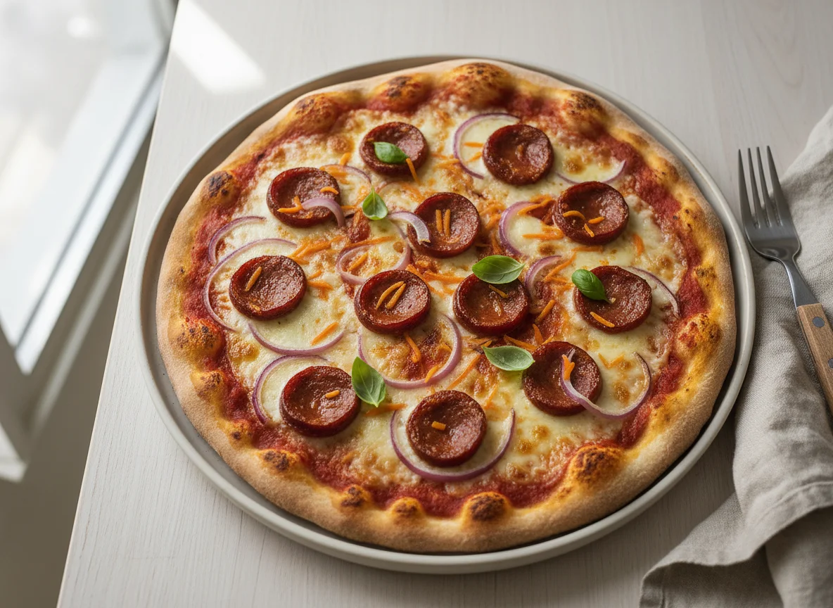 Pizza casera con salchichas y verduras photo