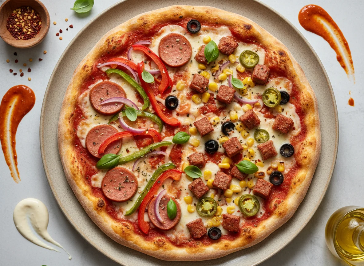 Pizza casera de 2 piezas con salchichas, salchichas y verduras, y salsas photo