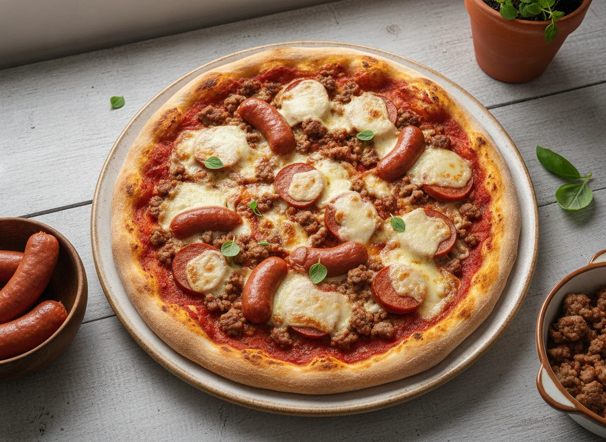 Pizza casera de carne y salchichas photo