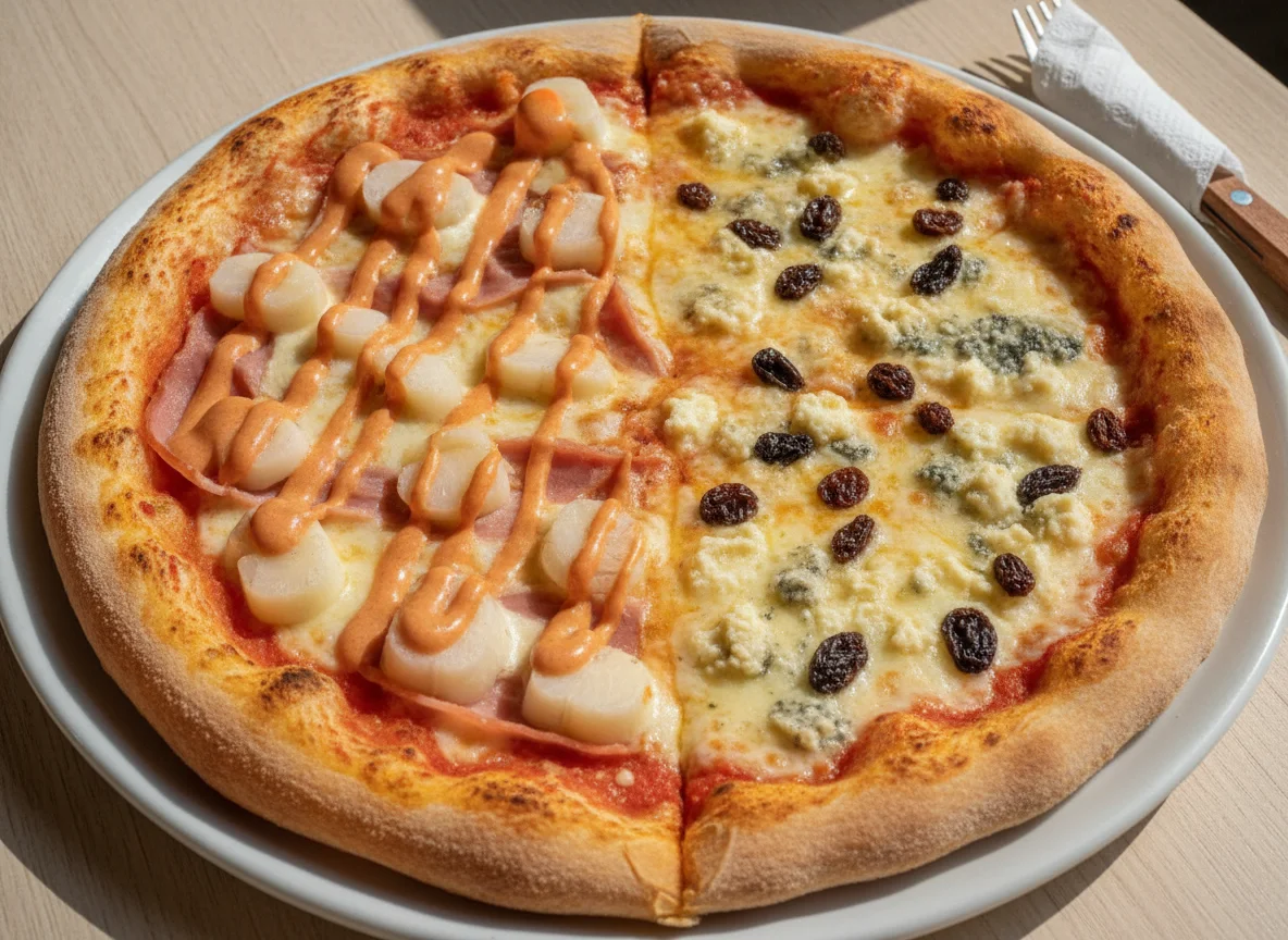 Pizza casera mitad palmitos con salsa golf y mitad roquefort con pasas photo