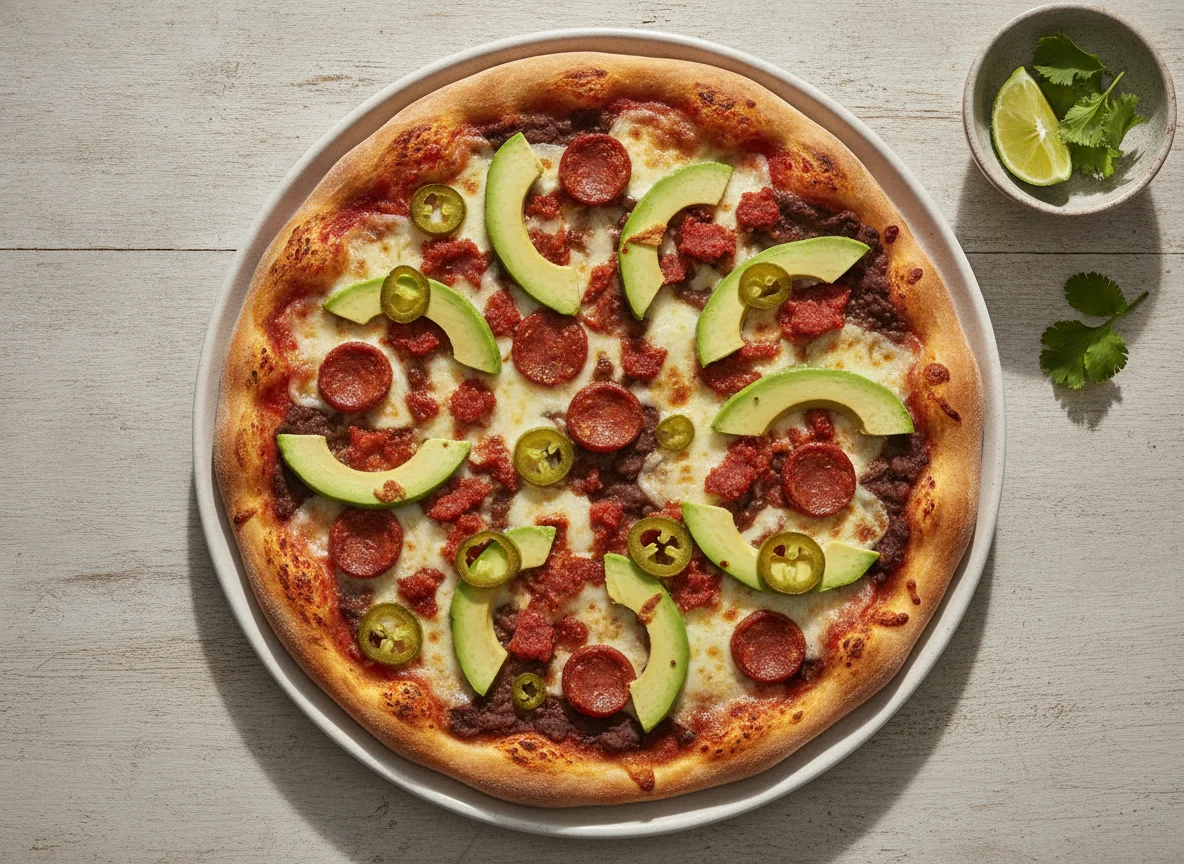 Pizza con aguacate, chorizo y jalapeños photo