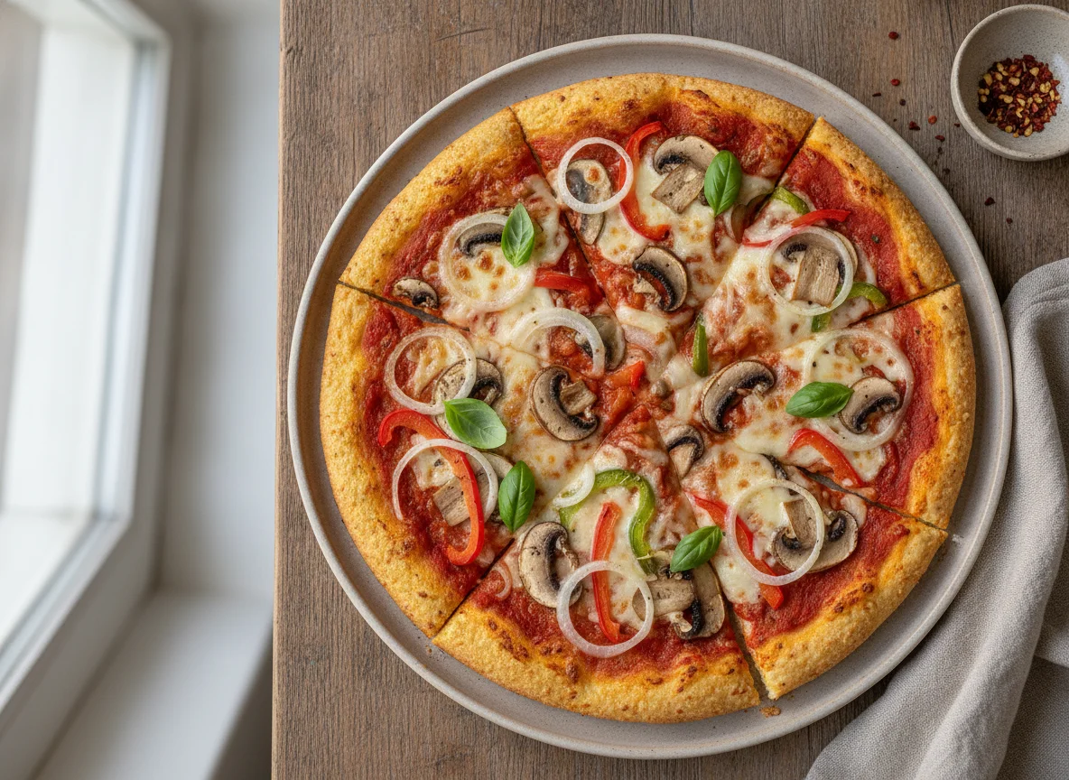 Pizza con base de coliflor y verduras photo