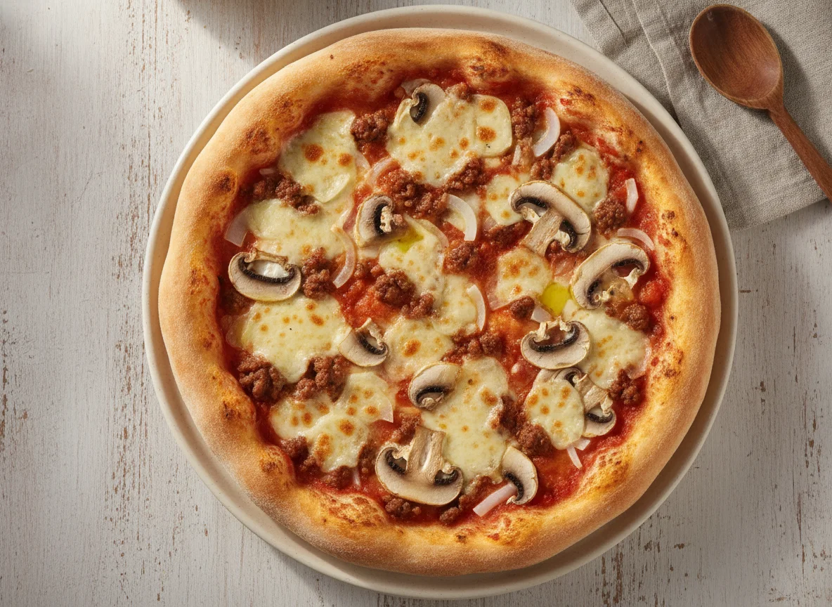 Pizza con carne y champiñones photo