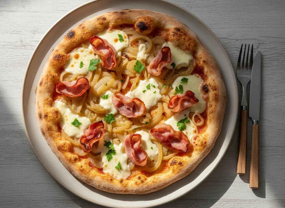 Pizza con cebolla caramelizada y panceta photo