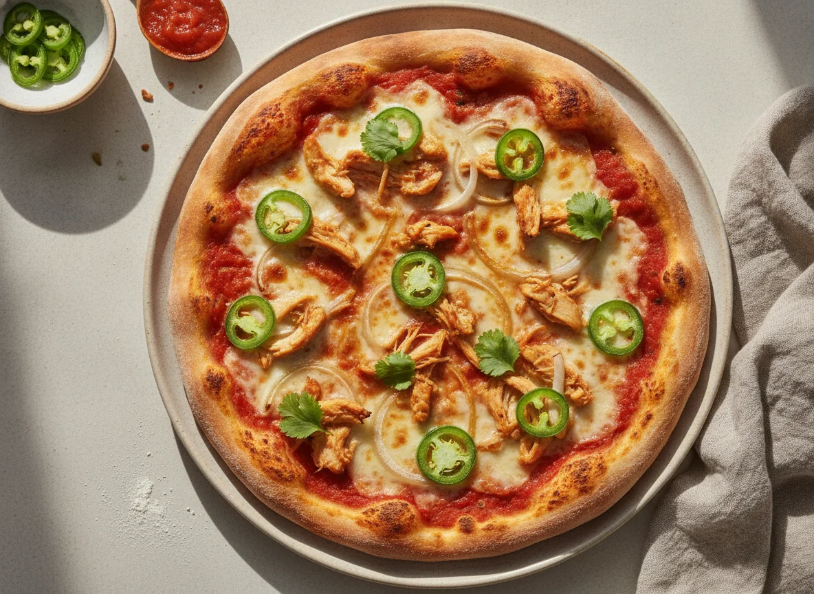 Pizza con jalapeños y pollo photo