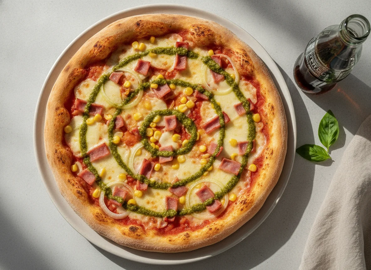 Pizza con jamón, maíz y pesto photo